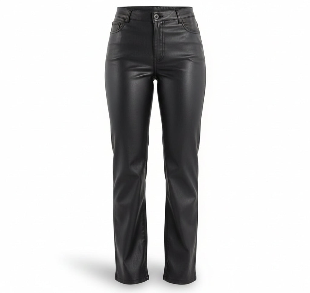 Women’s Black Faux Leather Pants – High Rise Slim Fit Straight Leg